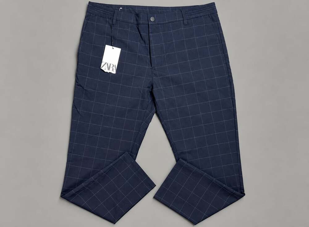 Zara Men Navy Blue Plaid Grid Pattern Casual Trousers XL New with Tags